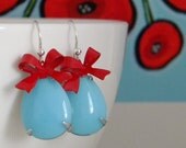 Red Aqua Enamel Bow Earrings