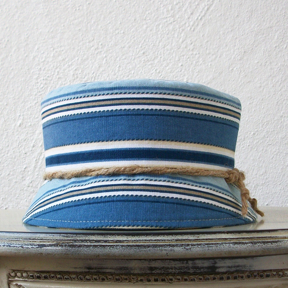 Womens Hat Cotton Cloche Hat - Blue, White and Taupe Stripes - Summer Hat - Smooth Sailing