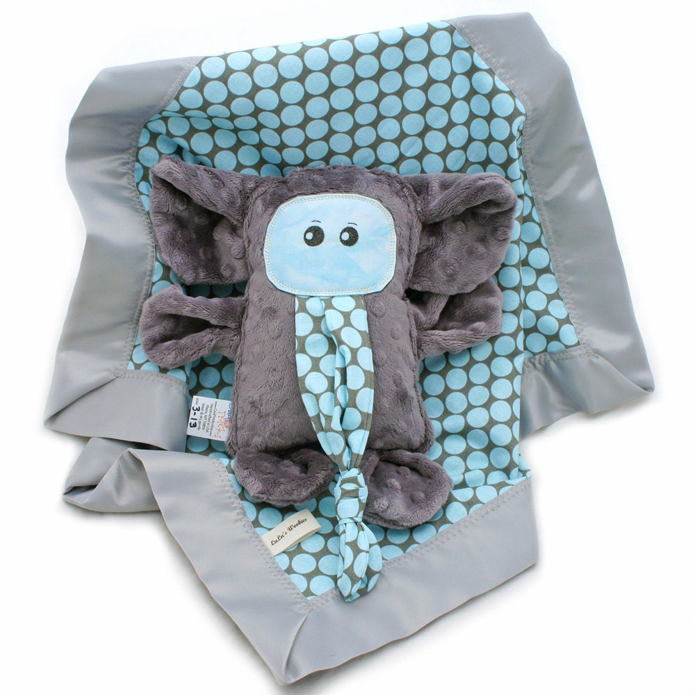 Baby Blanket w/ Plush Toy Elephant Full Moon Polka Dot and Charcoal Grey Minky Chenille Woobie