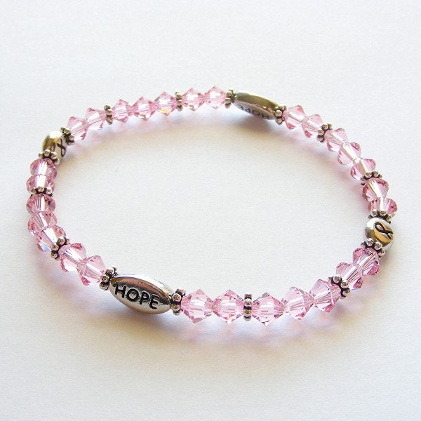 Pink Swarovski Crystal Breast Cancer Awareness Stretch Bracelet. Light Rose. Hope. Ribbon. Stackable. Stacking.