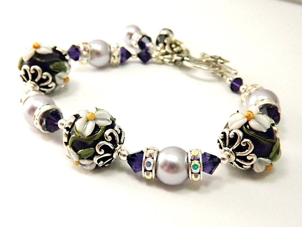 Grape purple beaded bracelet with rhinestones, crystals and pearls, Concord Grape.