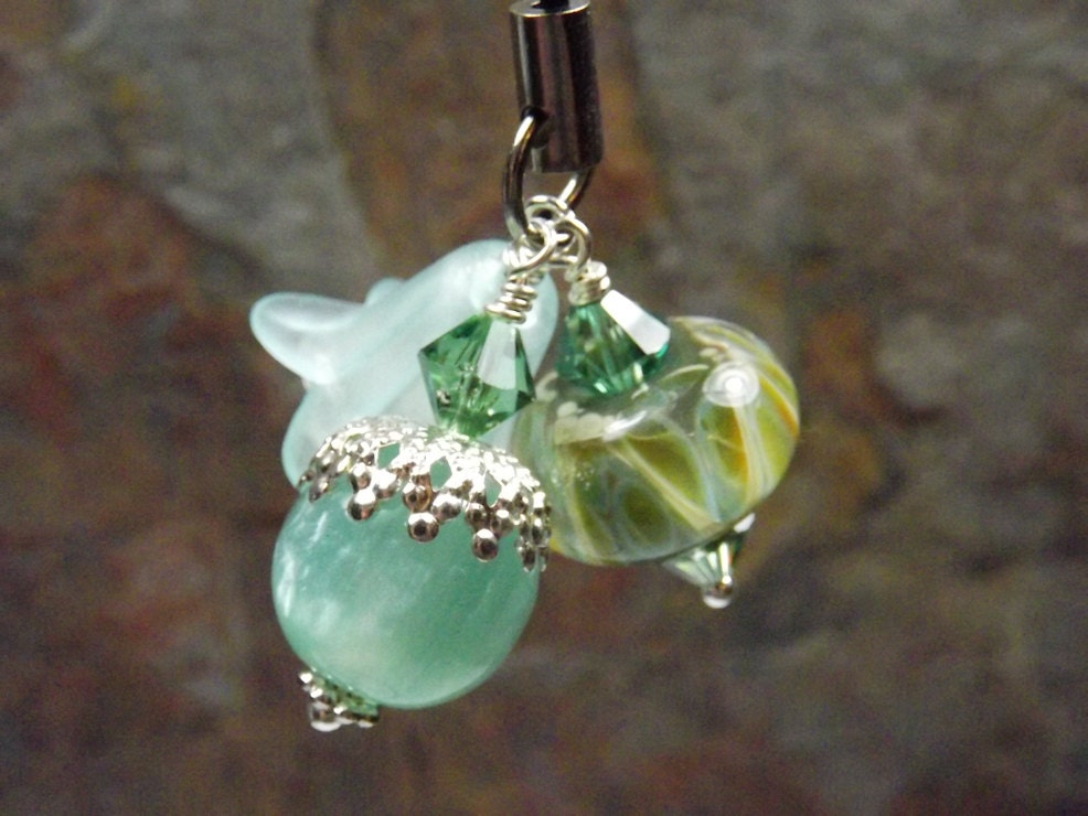 Aqua and olive lampwork purse charm, zipper pull, cell phone charm, key ring charm