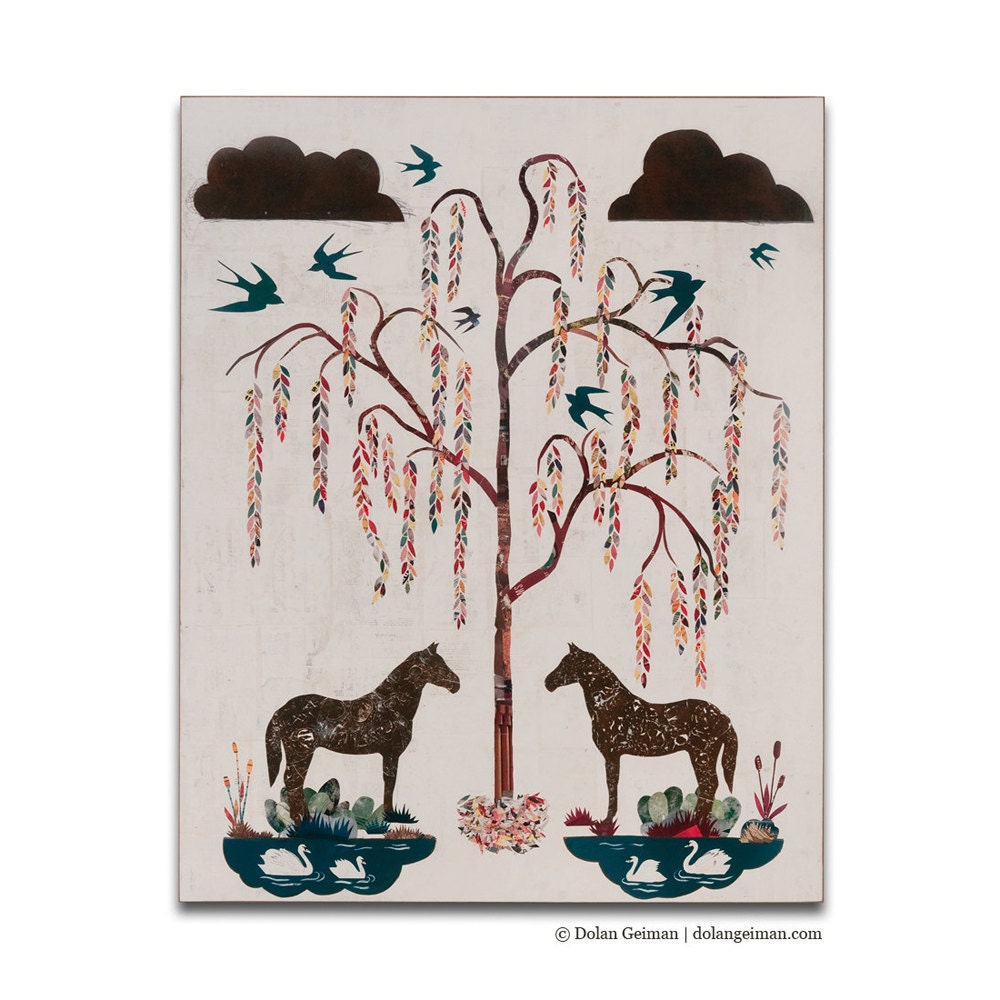 Horse and Willow Trees, Willow Garden BOX PRINT reproduction, Giclee Print on Wood, Romantic Home Decor