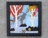 ON SALE Old School Dolan Geiman Original Collage Woodland Stag Elk Red Blue Primary Colors
