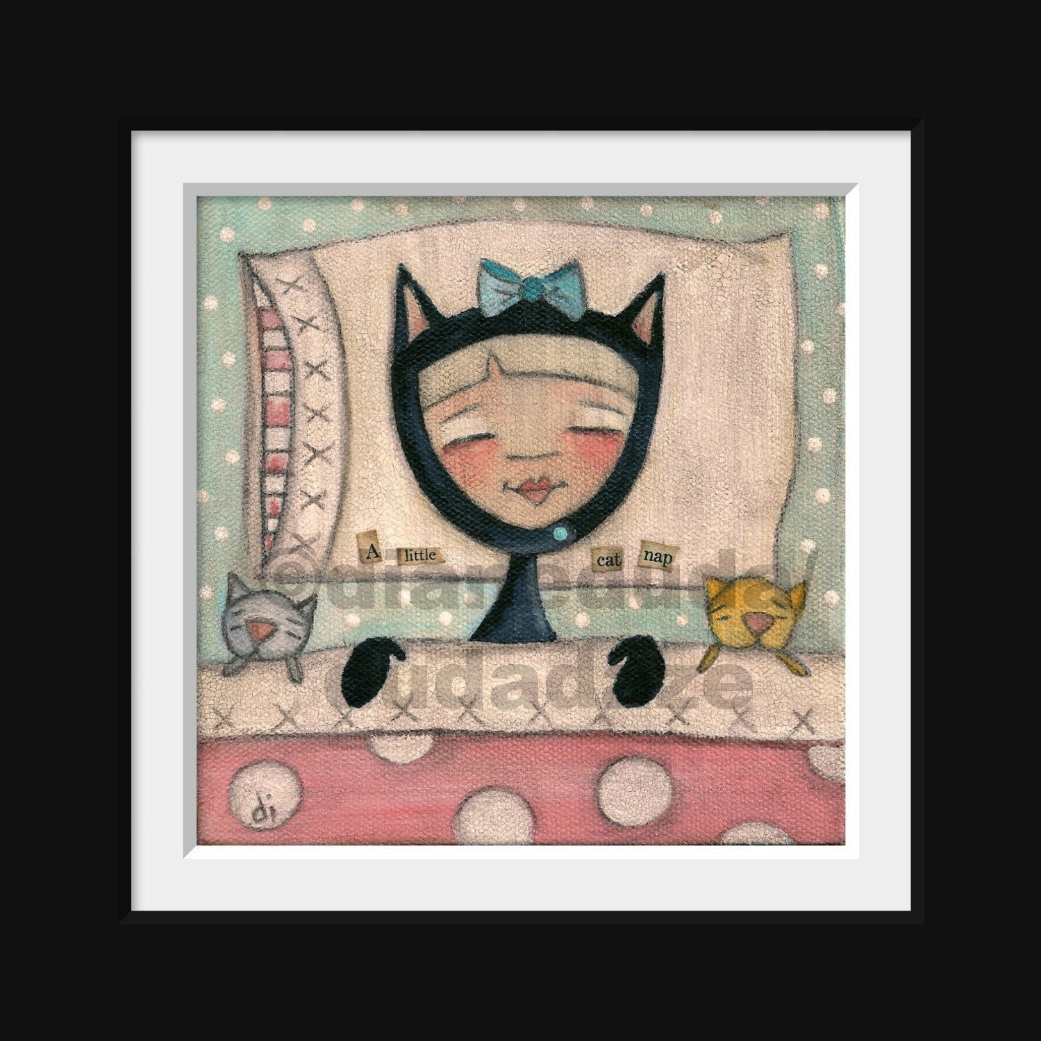 Print of my original folk art, mixed media painting - CAt Nap