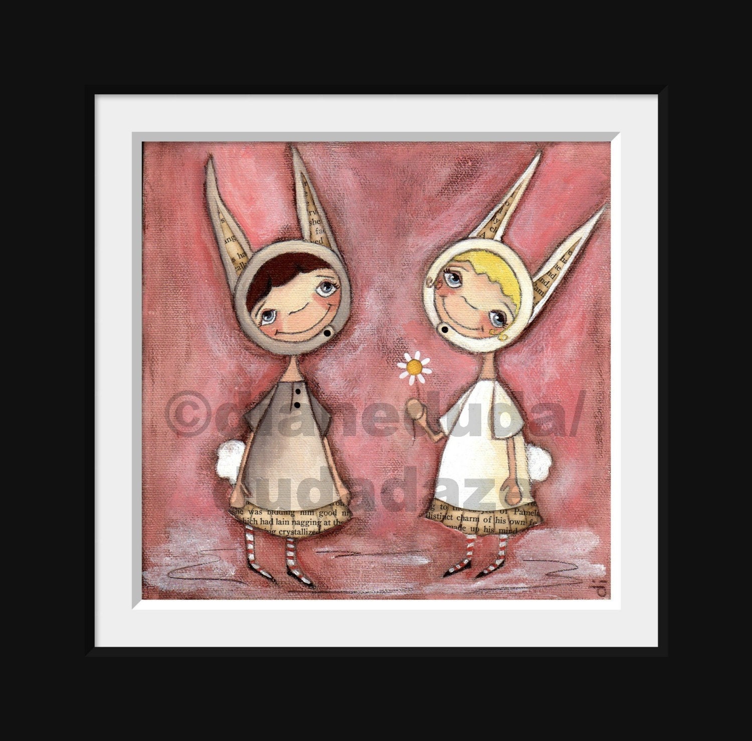 Print of my original folk art, EAster Bunny Friends - For You