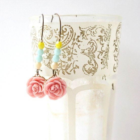 Pink Rose Dangle Hoop Earrings