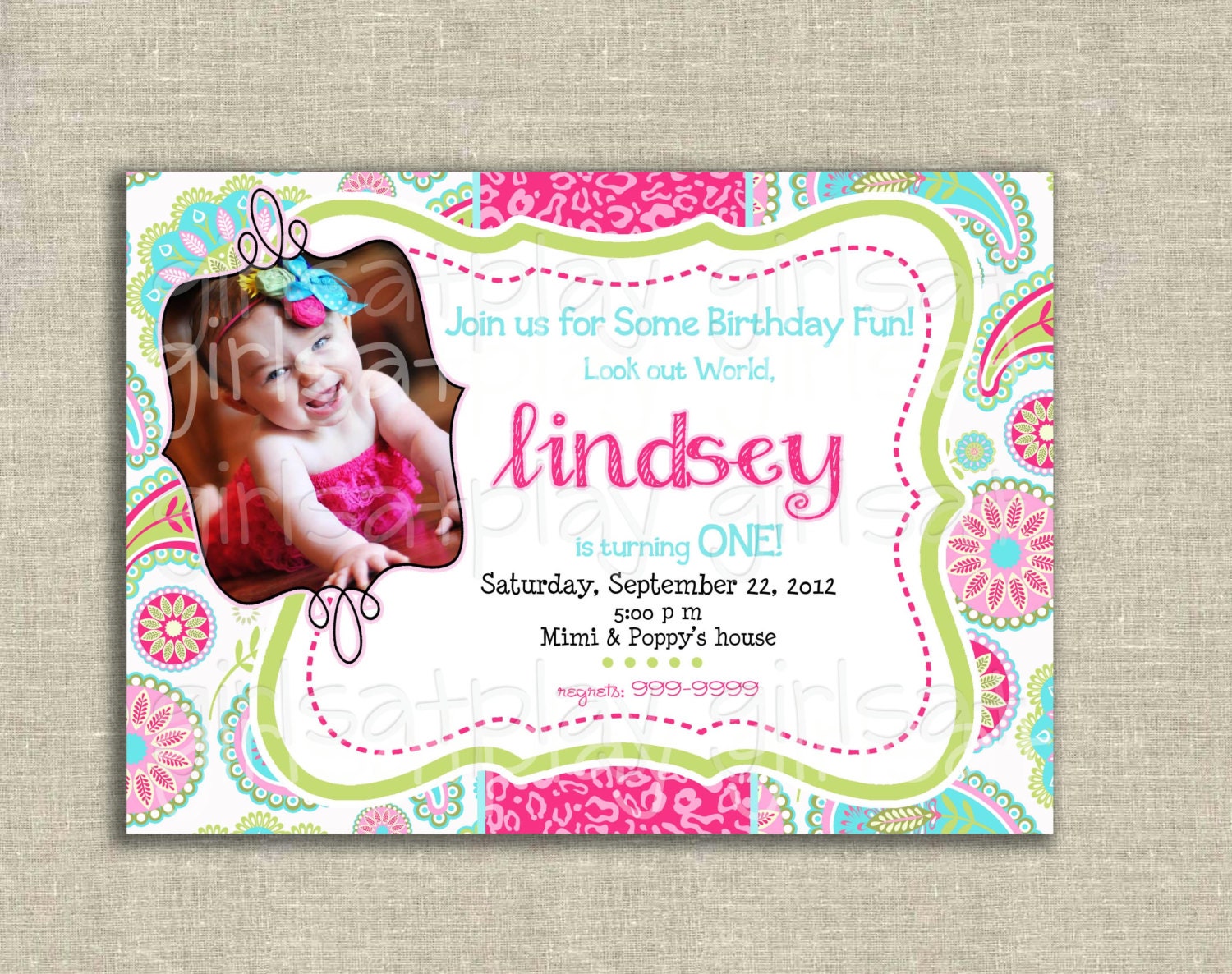 Modern 1st First Birthday Girl Invitation Pink Paisley Photo leopard- Digital - by girls at play girlsatplay Il_570xn