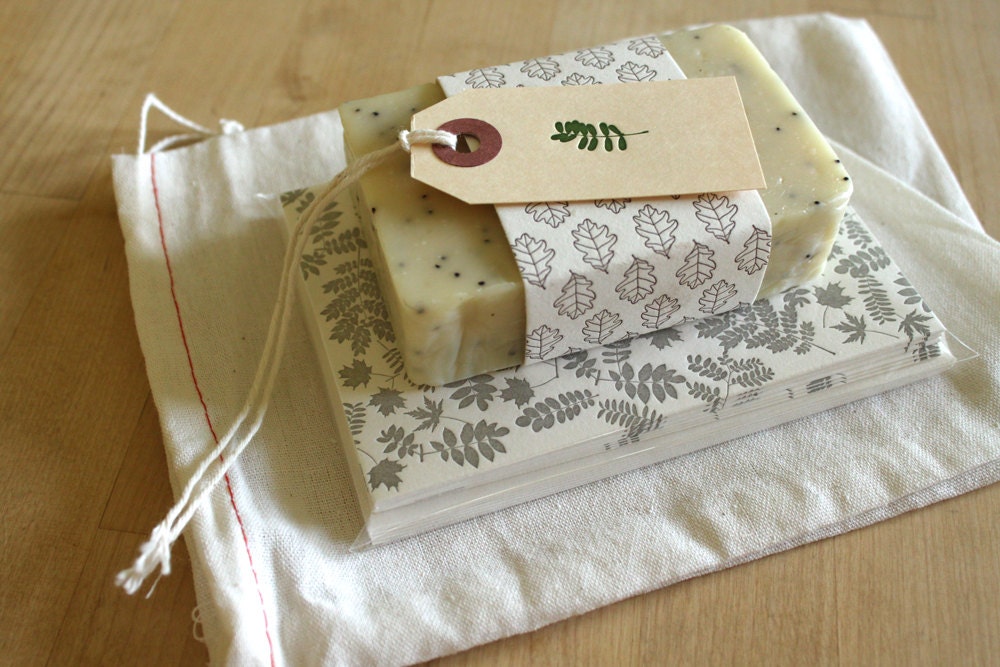 Letterpress GIFT SET - Six Note Cards (Steel Leaves) Essential Oil Soap and Gift Tag