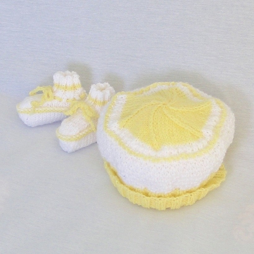 Baby Hat and Booties, Knitted in Summer Yellow and White, 3 - 6 Months