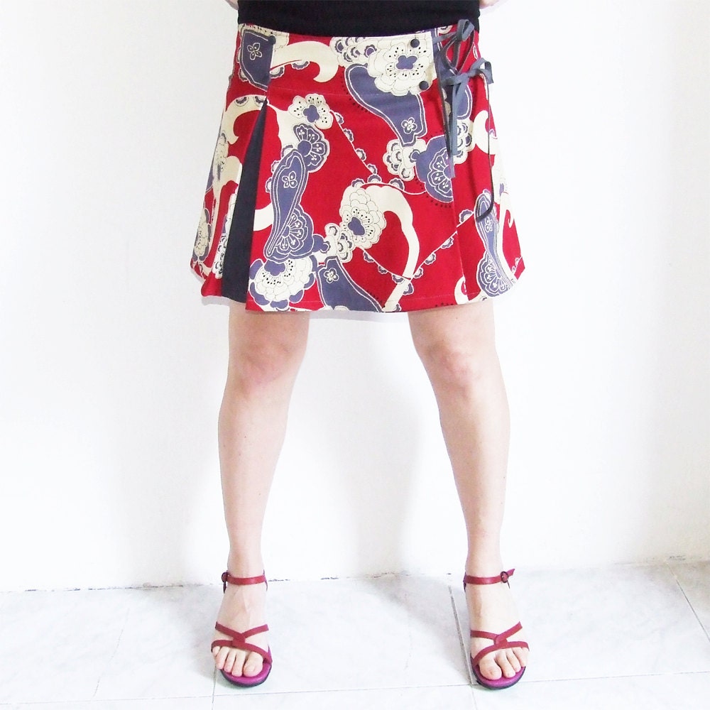 Floral Japanese Style Red and Grey Mini Skirt, Short Skirt, Wrap Skirt