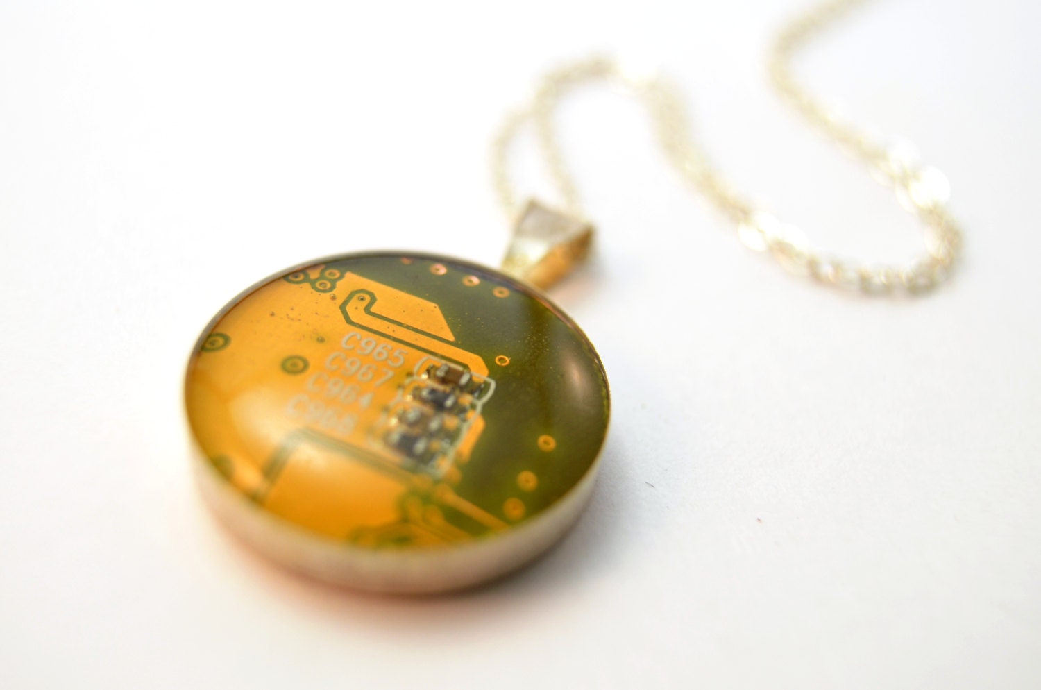 Computer Circuit Board Necklace Sterling Mustard Yellow Geeky Jewelry