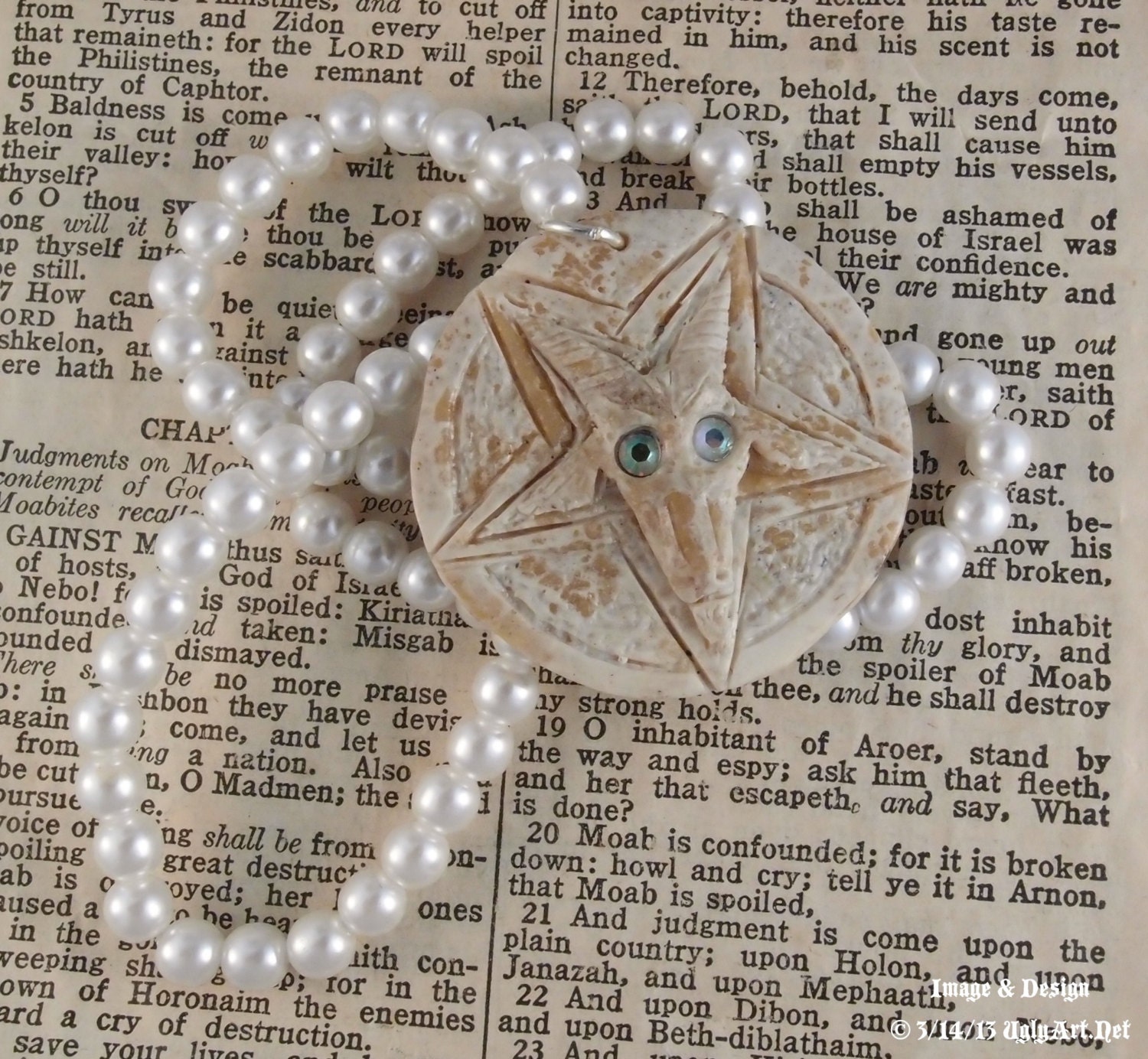 White Baphomet Bone Necklace with Faux Pearls by Ugly Shyla Lady Like Evil