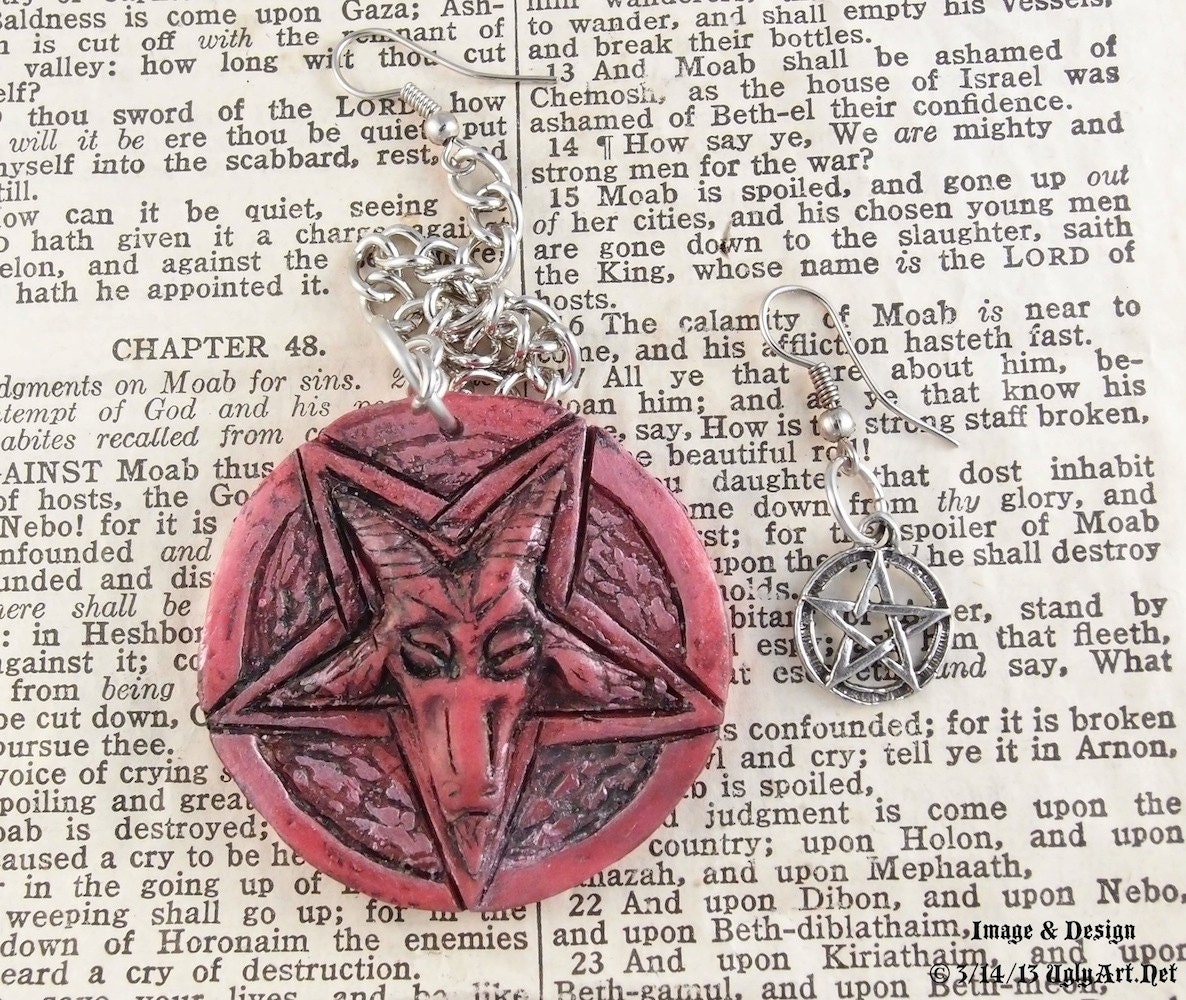 Pink Baphomet and Silver Pentagram Witchhouse Earrings by Ugly Shyla