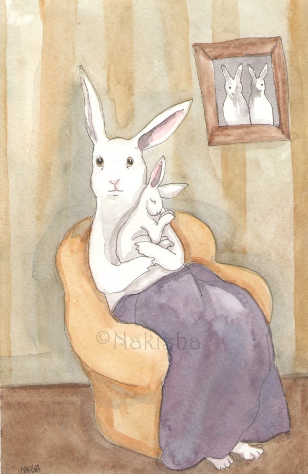 RESEREVED for LS Original Watercolor Rabbit Painting - New Mom