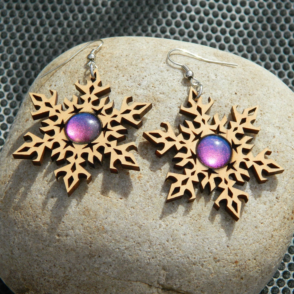 Barbed Star Earrings - Rainbow Mirage Glass Gems - Laser Cut Alder Wood and Glass Jewelry - Color Shifting