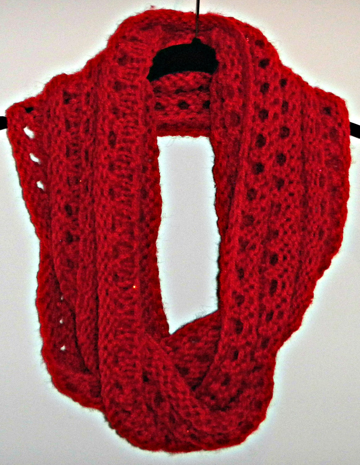 Sale Hand Knit Mobius Infinity Scarf Red Wool with Sequins Free Shipping in the USA