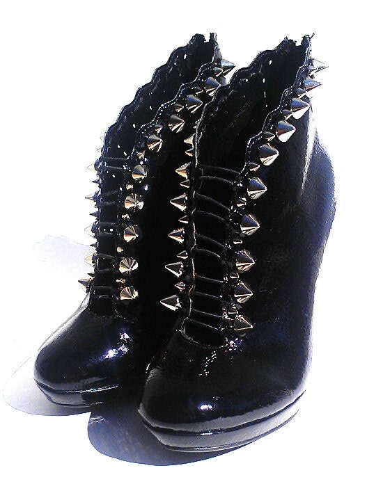 Patent Black Spiked Stiletto Booties - US Size 7 Womens