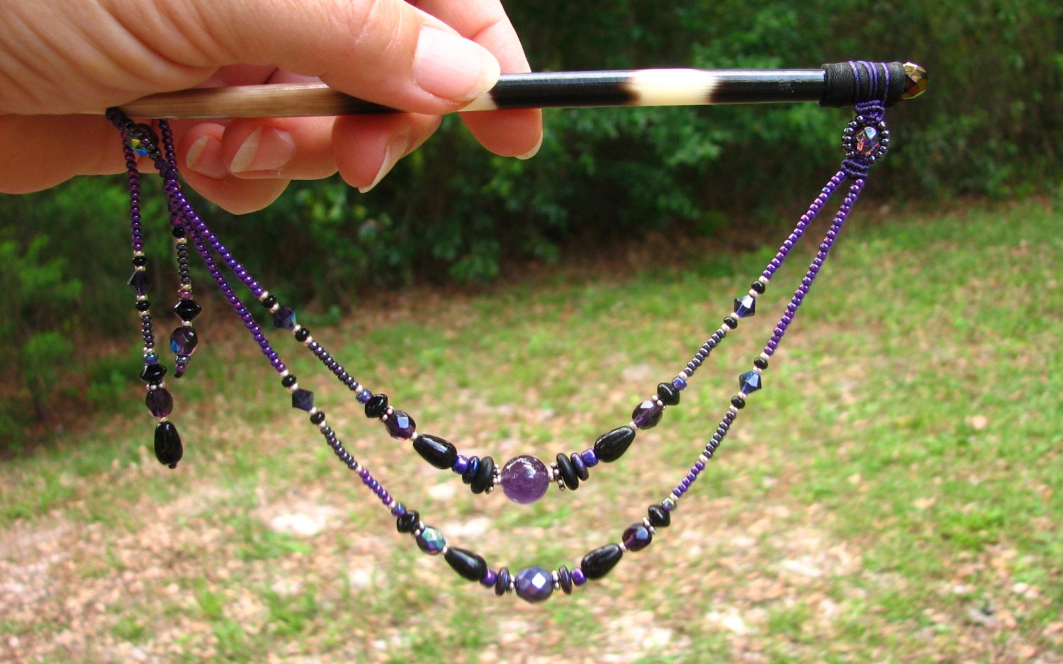 Beaded Hair Stick, Porcupine Quill Hair Ornament, Purple and black