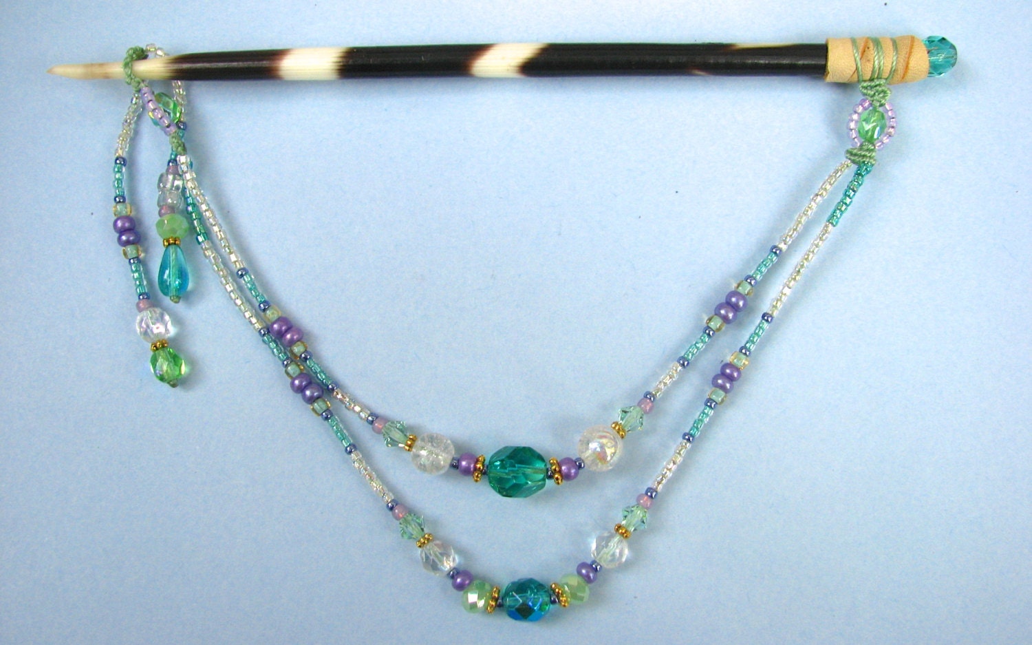 Beaded Hair Stick, Porcupine Quill Hair Ornament, Pastel white aqua green