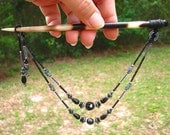 Black and Silver Macrame Beaded Hairstick, Porcupine Quill Hair Ornament in Black and Silver