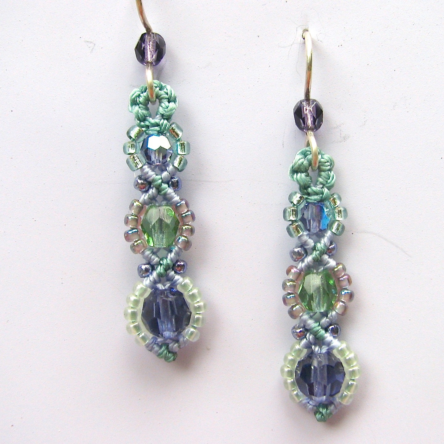 Micro Macrame Earrings- Seafoam green and lavender- Spiral style- Bead Earrings
