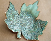 Ceramic Leaf  Trinket Dish Sea green with gold edging