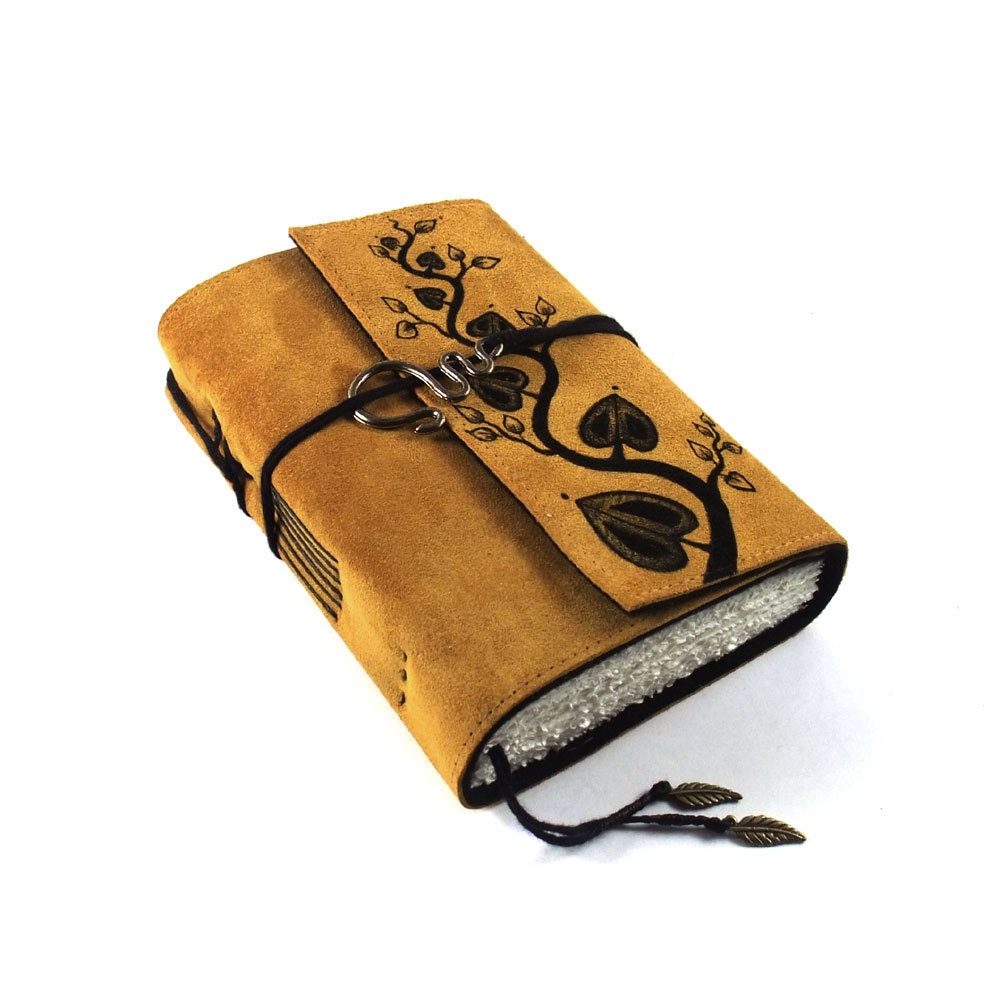 Golden Leaves, Leather Journal, Handmade, Suede, Diary
