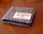 Harris tweed herringbone men's wool wallet  - 7 pocket billfold - water resistant lining - mixed brown cream  grey