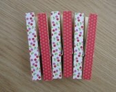SALE - Set of 12 - Decoupaged Clothespins Clips - Cherries and Red Dots
