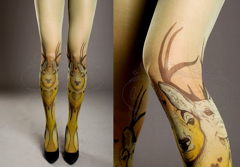 NEW light army green one size Triple Deer full length closed toe printed tights pantyhose