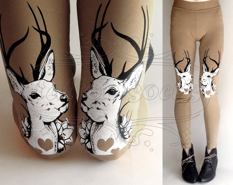 L beige Oh Deer cotton hand printed skinny leggings / footless tights