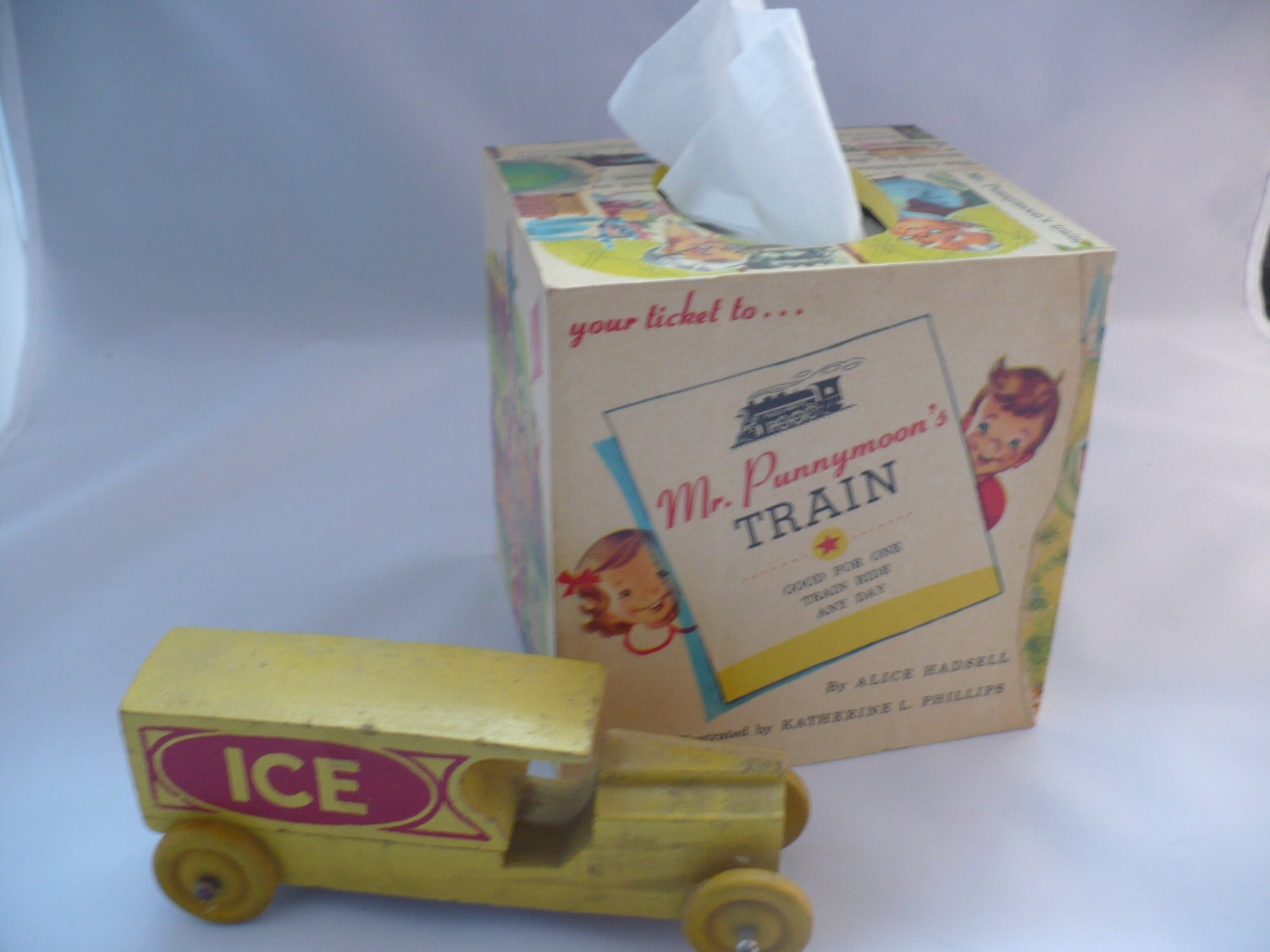 Wooden tissue box cover, vintage, train, childrens, retro, choo choo, railroad