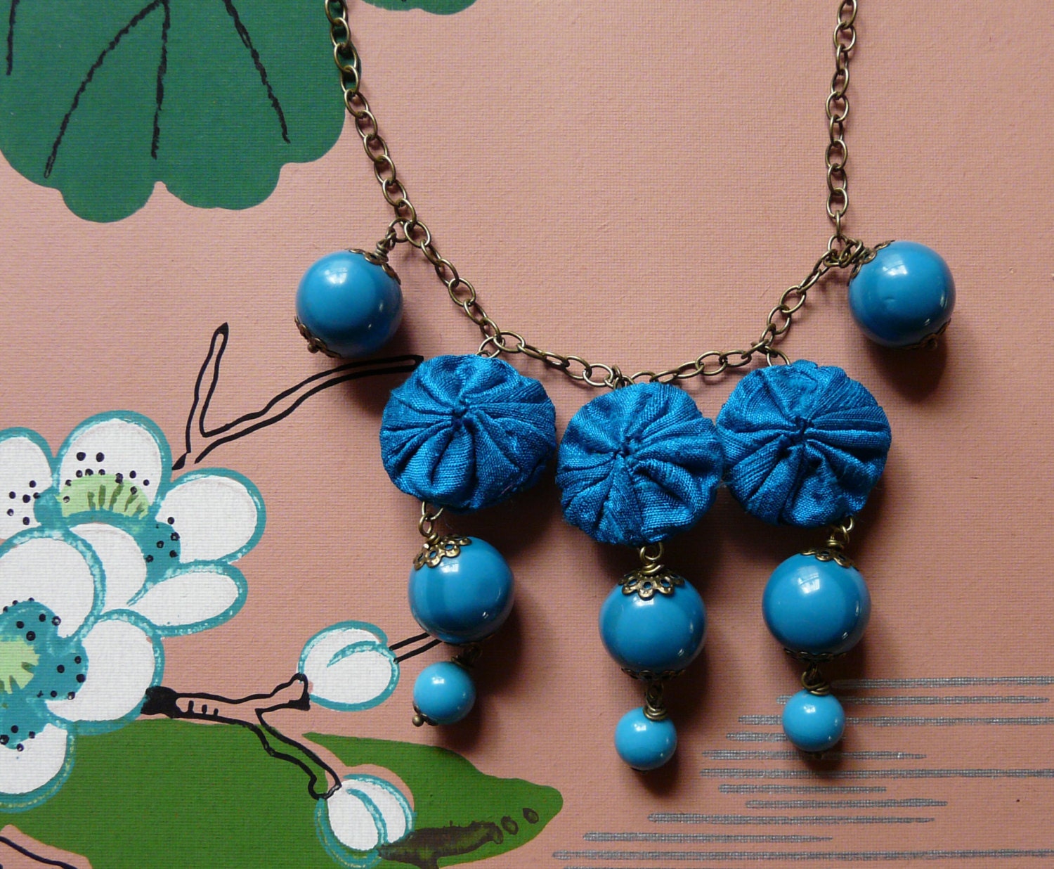 blue grotto - vintage lucite beads and silk yoyo bubble necklace