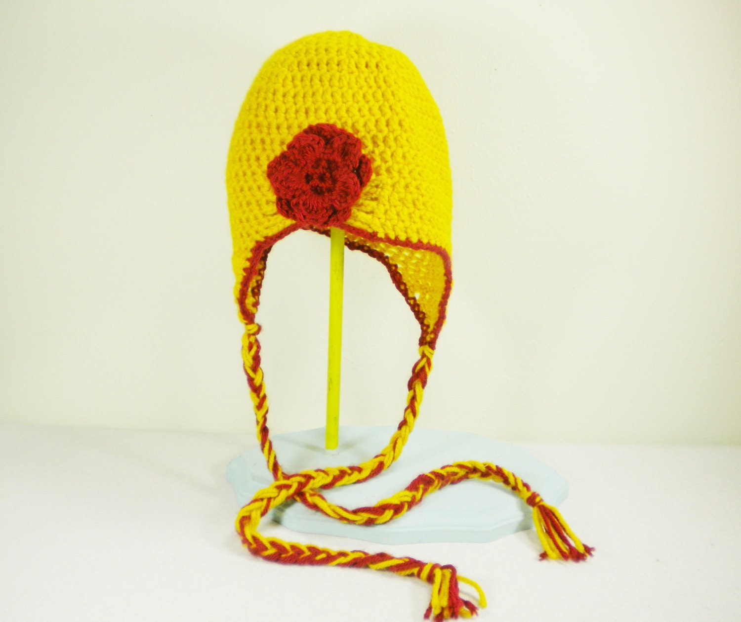 Crochet Hat - 1920s-Style Earflap Flapper Hat in Mustard Yellow and Red with Flower Brooch with Braids for Baby / Toddler / Girl / Woman