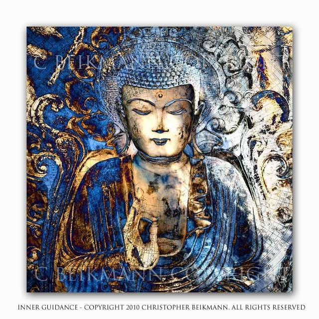 Buddha Art - Inner Guidance - 12x12 square blue Buddha giclee art print - by artist Christopher Beikmann - Copyrighted