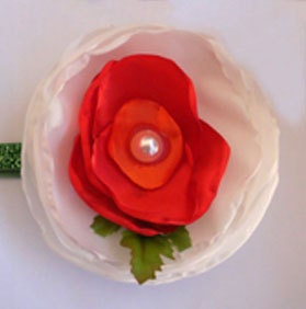 Baby Girl Headband - Red satin peonie flower on green glitter elastic headband