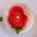 Baby Girl Headband - Red satin peonie flower on green glitter elastic headband