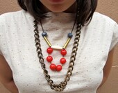Beaded Bib Necklace, Vintage Chunky Brass Chain, 1960s Lucite Beads, Statement Necklace, Layered Necklace by Glamourpuss Creations