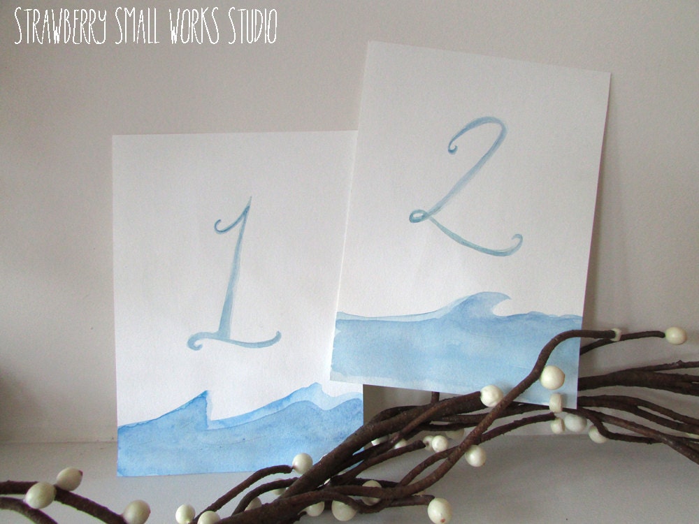 Ocean watercolor wedding table numbers hand-painted nautical new england style