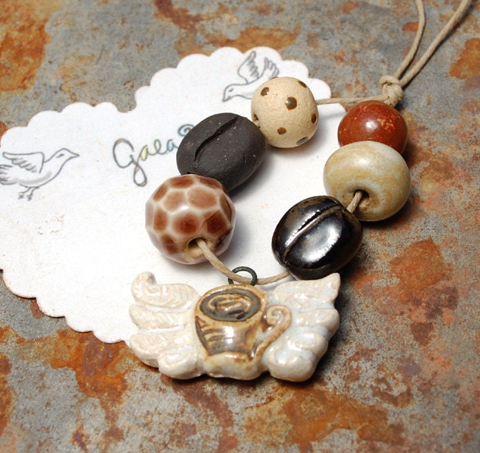 RESERVED for the lovely Andria / Pick Me Up / Espresso Tone Ceramic Winged Coffee Cup and Bead Set