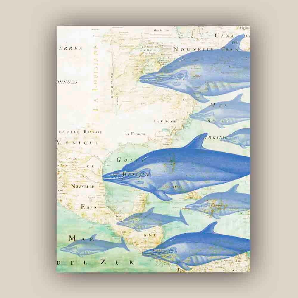 Blue Dolphins  Print, 11x14  Marine Wall Decor, Map art on North east America Nautical art,  Digital Collage  Print, Coastal Living