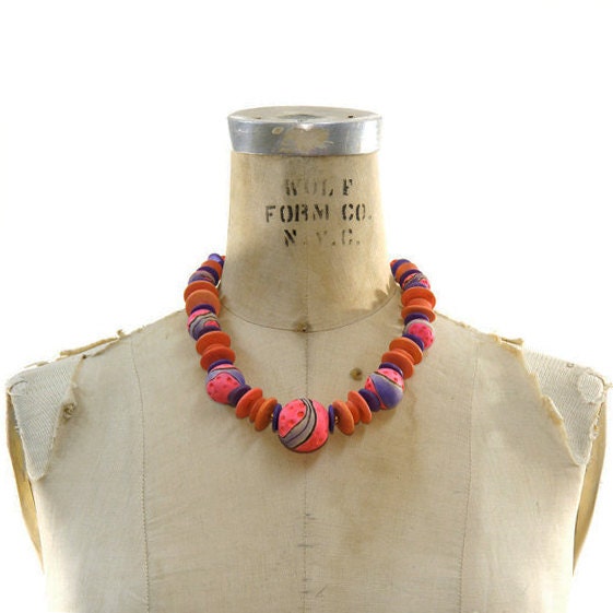 SALE Painted Meteor 1980's Wooden Bead Necklace Painted in Neons