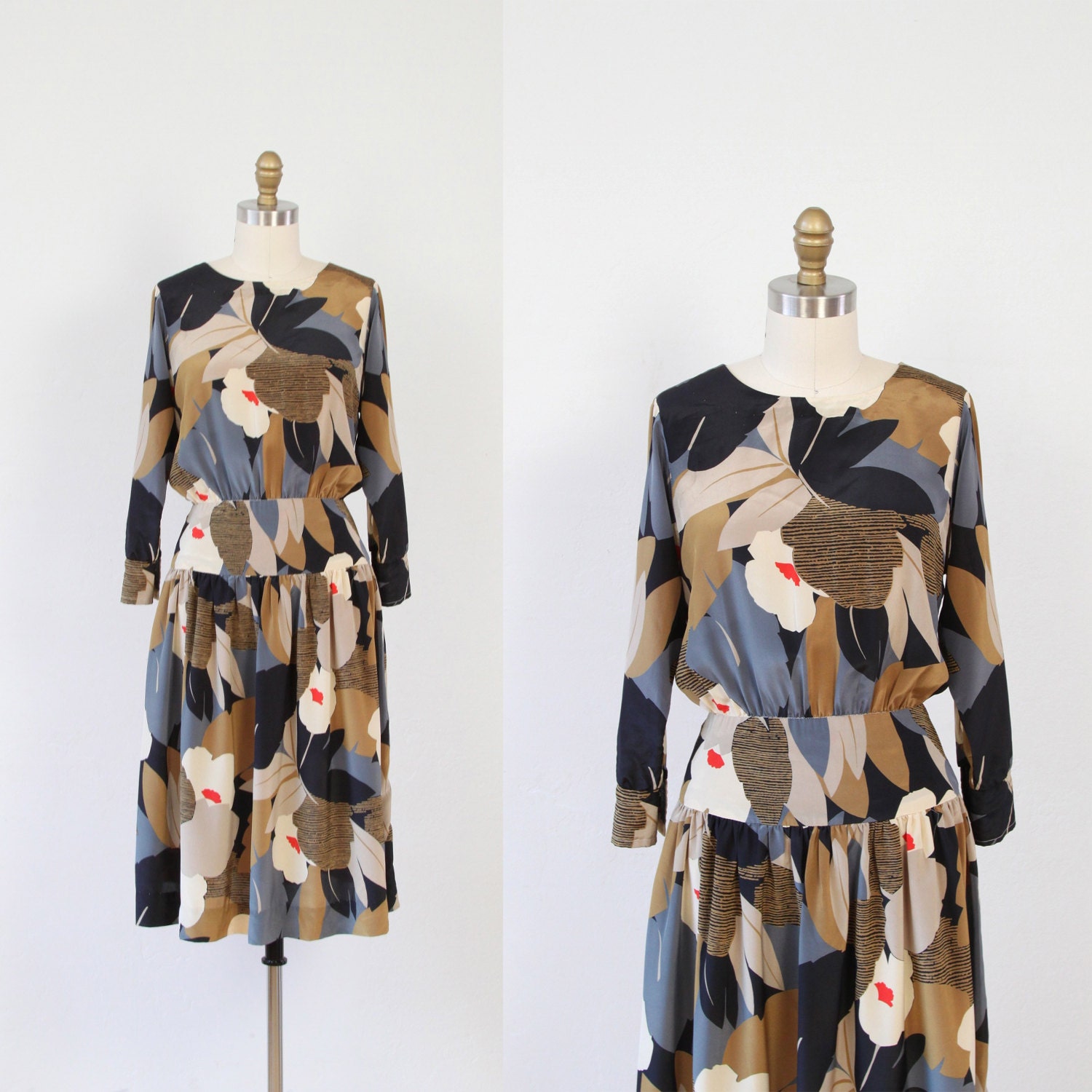 Tropical Taupe Floral 1970s Vintage Dress - S