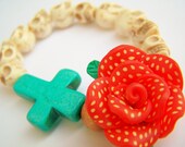 Dia de Los Muertos Bracelet, Stretch Bracelet, Red Rose with Turquoise Cross & Skull Beads, Frida Inspired Mexican Folk Art Jewelry