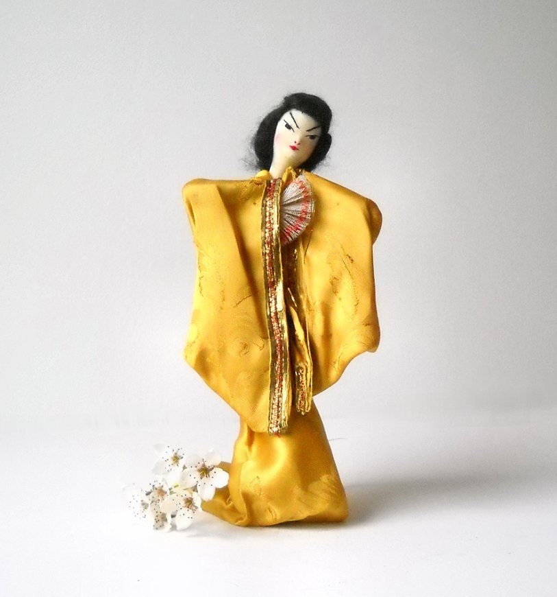 Vintage Japanese Geisha Doll - Sewn Stocking Face - Handmade Wire Hanger Body