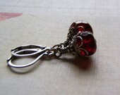 Garnet Red Earrings Czech Glass  Antique Silver lever Back Ear Wire