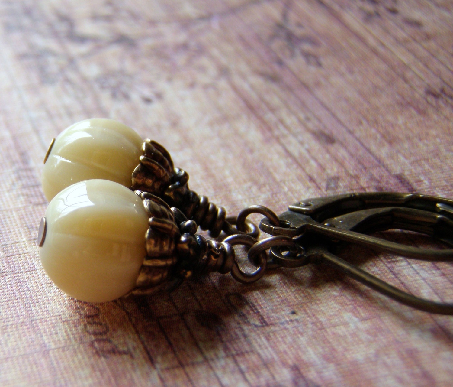Vanilla Earrings, Antique Brass, Lever Back Ear Wire, Czech Glass