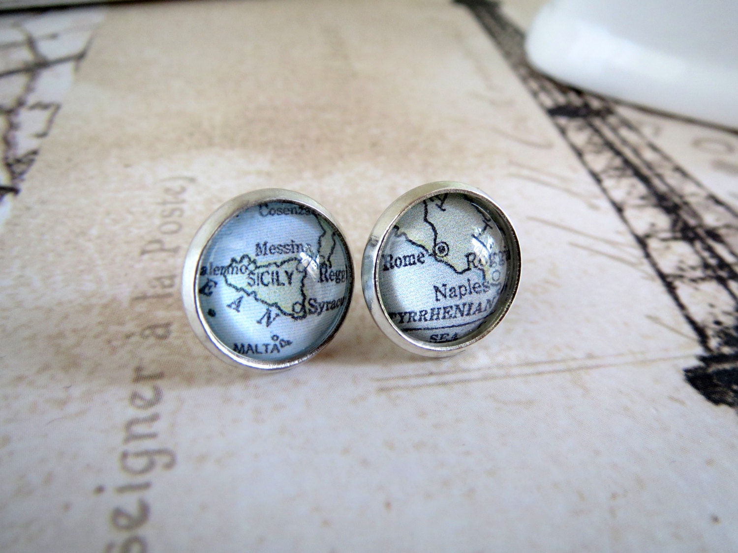 Map Post Earrings Rome, Sicily Italy