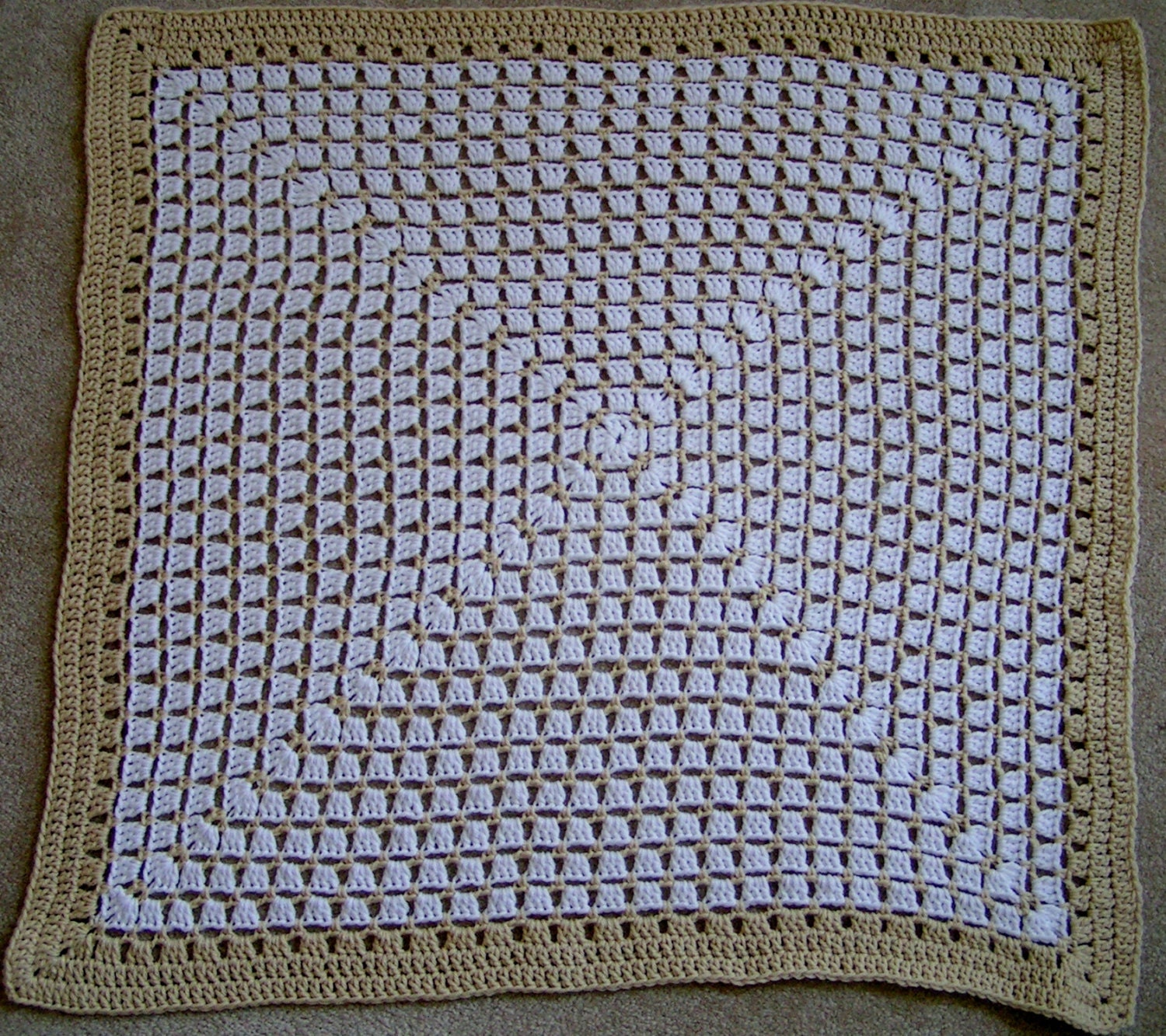 Baby Blanket Hand Crochet Square Afghan White and Tan Gender Neutral Ready to Ship